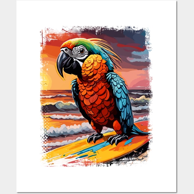 Parrot Surfing Cute Colorful Comic Illustration Wall Art by Naumovski